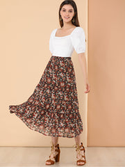 Ruffle Boho Chiffon Floral Printed Long Tiered Midi Skirt
