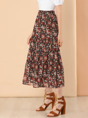 Ruffle Boho Chiffon Floral Printed Long Tiered Midi Skirt