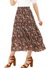 Ruffle Boho Chiffon Floral Printed Long Tiered Midi Skirt
