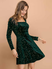 Christmas Stars Square Neck Vintage Velvet Mini Dress