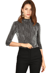 Party Glitter 3/4 Sleeve Shiny Striped Metallic Tops