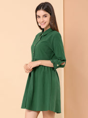 Ruched 3/4 Sleeve Button Up Casual Mini Shirt Dress