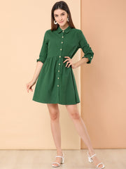 Ruched 3/4 Sleeve Button Up Casual Mini Shirt Dress