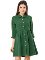 Ruched 3/4 Sleeve Button Up Casual Mini Shirt Dress