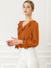 Ruffle Neck Gathered Cuff Long Sleeves Blouse