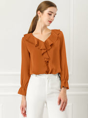 Ruffle Neck Gathered Cuff Long Sleeves Blouse