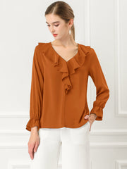 Ruffle Neck Gathered Cuff Long Sleeves Blouse