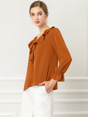 Ruffle Neck Gathered Cuff Long Sleeves Blouse