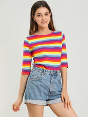 3/4 Sleeve Round Neck Casual Striped T-Shirt