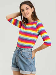 3/4 Sleeve Round Neck Casual Striped T-Shirt