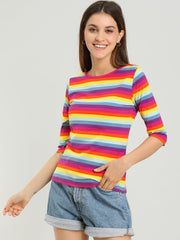 3/4 Sleeve Round Neck Casual Striped T-Shirt