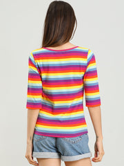 3/4 Sleeve Round Neck Casual Striped T-Shirt