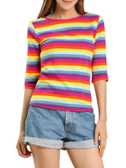 3/4 Sleeve Round Neck Casual Striped T-Shirt