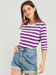 3/4 Sleeve Round Neck Casual Striped T-Shirt