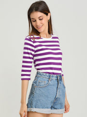 3/4 Sleeve Round Neck Casual Striped T-Shirt