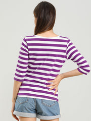 3/4 Sleeve Round Neck Casual Striped T-Shirt