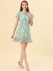 Ruffle Sleeve V Neck Above Knee A-Line Floral Chiffon Dress