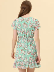 Ruffle Sleeve V Neck Above Knee A-Line Floral Chiffon Dress