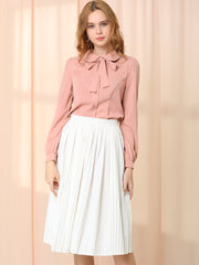Peter Pan Collar Chiffon Bow Tie Neck Puff Sleeve Button Blouse