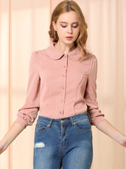 Peter Pan Collar Chiffon Bow Tie Neck Puff Sleeve Button Blouse
