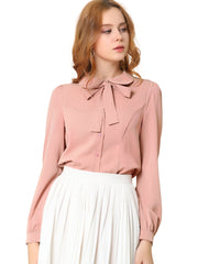 Peter Pan Collar Chiffon Bow Tie Neck Puff Sleeve Button Blouse