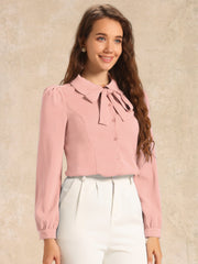 Peter Pan Collar Chiffon Bow Tie Neck Puff Sleeve Button Blouse