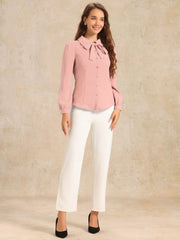 Peter Pan Collar Chiffon Bow Tie Neck Puff Sleeve Button Blouse