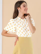 Polka Dots Stand Collar Pleat Keyhole Short Flare Sleeve Blouse
