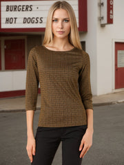 Work Office 3/4 Sleeve Boat Neck Houndstooth Printed Top Blouse