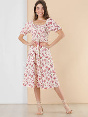 Square Neck Puff Sleeve Shirred Floral Casual Midi Dress