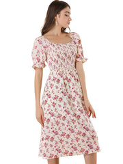 Square Neck Puff Sleeve Shirred Floral Casual Midi Dress
