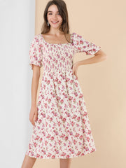Square Neck Puff Sleeve Shirred Floral Casual Midi Dress