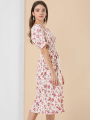 Square Neck Puff Sleeve Shirred Floral Casual Midi Dress