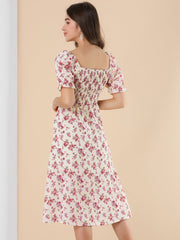Square Neck Puff Sleeve Shirred Floral Casual Midi Dress