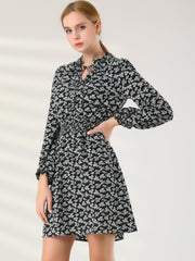 Smocked Waist Tie Neck Floral Long Sleeve Dress
