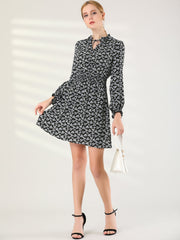 Smocked Waist Tie Neck Floral Long Sleeve Dress