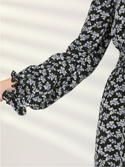 Smocked Waist Tie Neck Floral Long Sleeve Dress