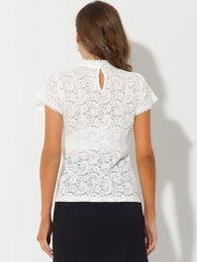 Elegant Floral Lace Short Sleeve Keyhole Back Fitted Blouse