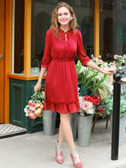 Ruffle Hem 3/4 Sleeve A-Line Smocked Short Chiffon Dress