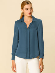 Satin V Neck Long Sleeve Silky Office Work Solid Shirt