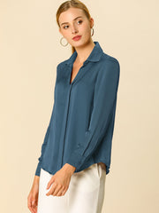Satin V Neck Long Sleeve Silky Office Work Solid Shirt