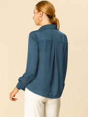 Satin V Neck Long Sleeve Silky Office Work Solid Shirt