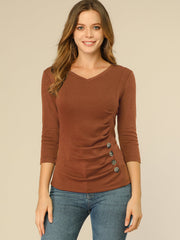 3/4 Sleeves V Neck Solid Knitted Button Decor Ruched Blouse