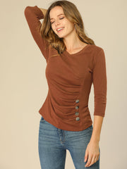 3/4 Sleeves V Neck Solid Knitted Button Decor Ruched Blouse