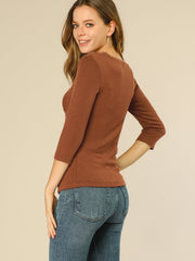 3/4 Sleeves V Neck Solid Knitted Button Decor Ruched Blouse
