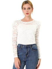 Retro Lace Semi Sheer Puff Long Sleeve Embroidery Blouse