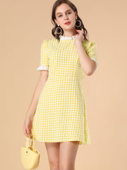 Summer Ruffle Neck Lace Panel Short Sleeve Check Gingham Dress