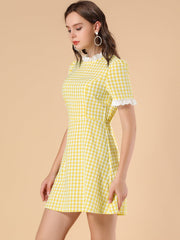 Summer Ruffle Neck Lace Panel Short Sleeve Check Gingham Dress