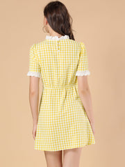 Summer Ruffle Neck Lace Panel Short Sleeve Check Gingham Dress