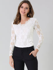 Floral Embroidery Sheer Long Sleeve Lace Blouse Top